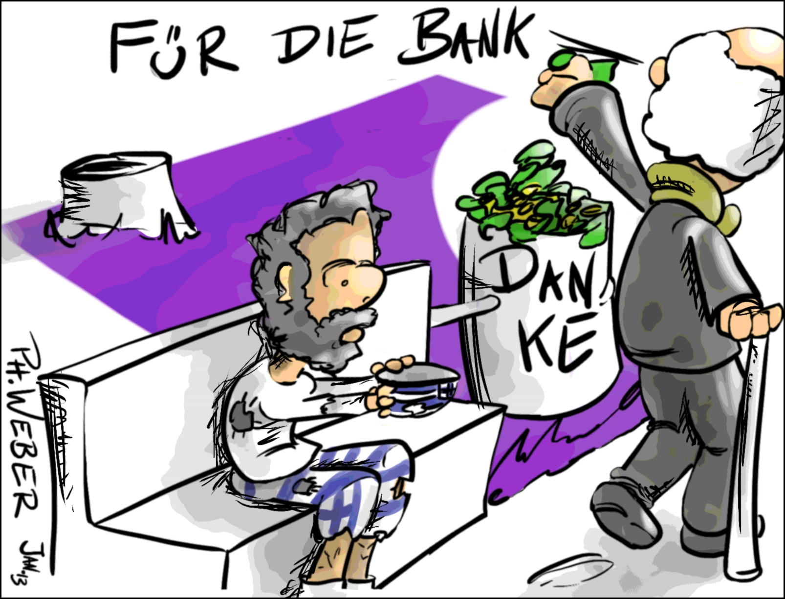 Karikatur: Jemand wirft Geld in eine Mülltonne