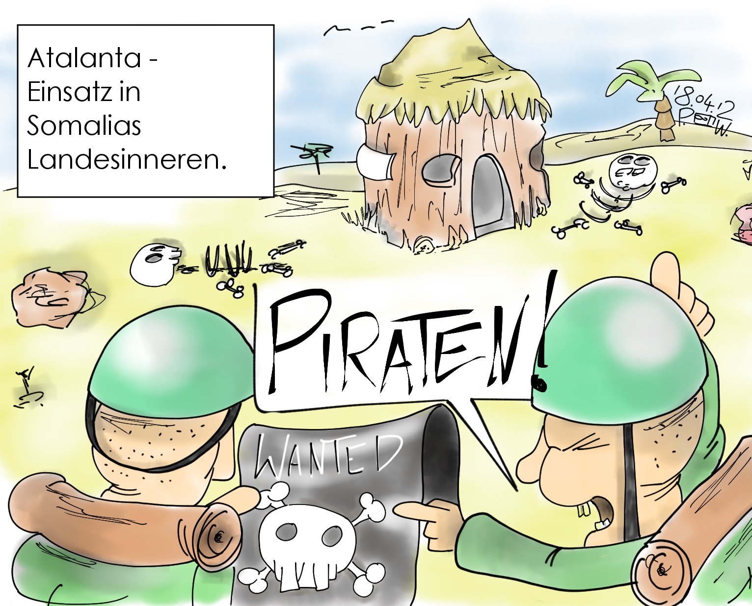 Karikatur / Zwei Bundeswehrsoldaten sehen ein Skelett. Sie rufen: Piraten